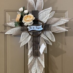 He Has Risen cream and tan cross wreath