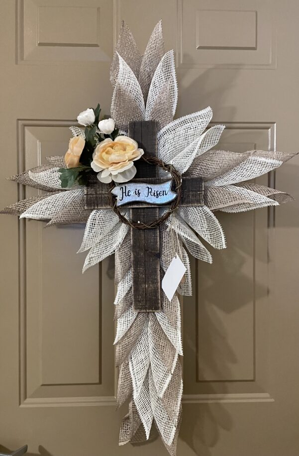 He Has Risen cream and tan cross wreath